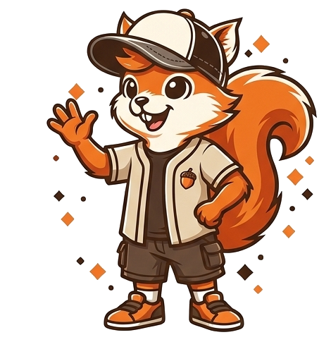 Squiggy, la mascotte de SquirrelLab, qui fait un signe de la main